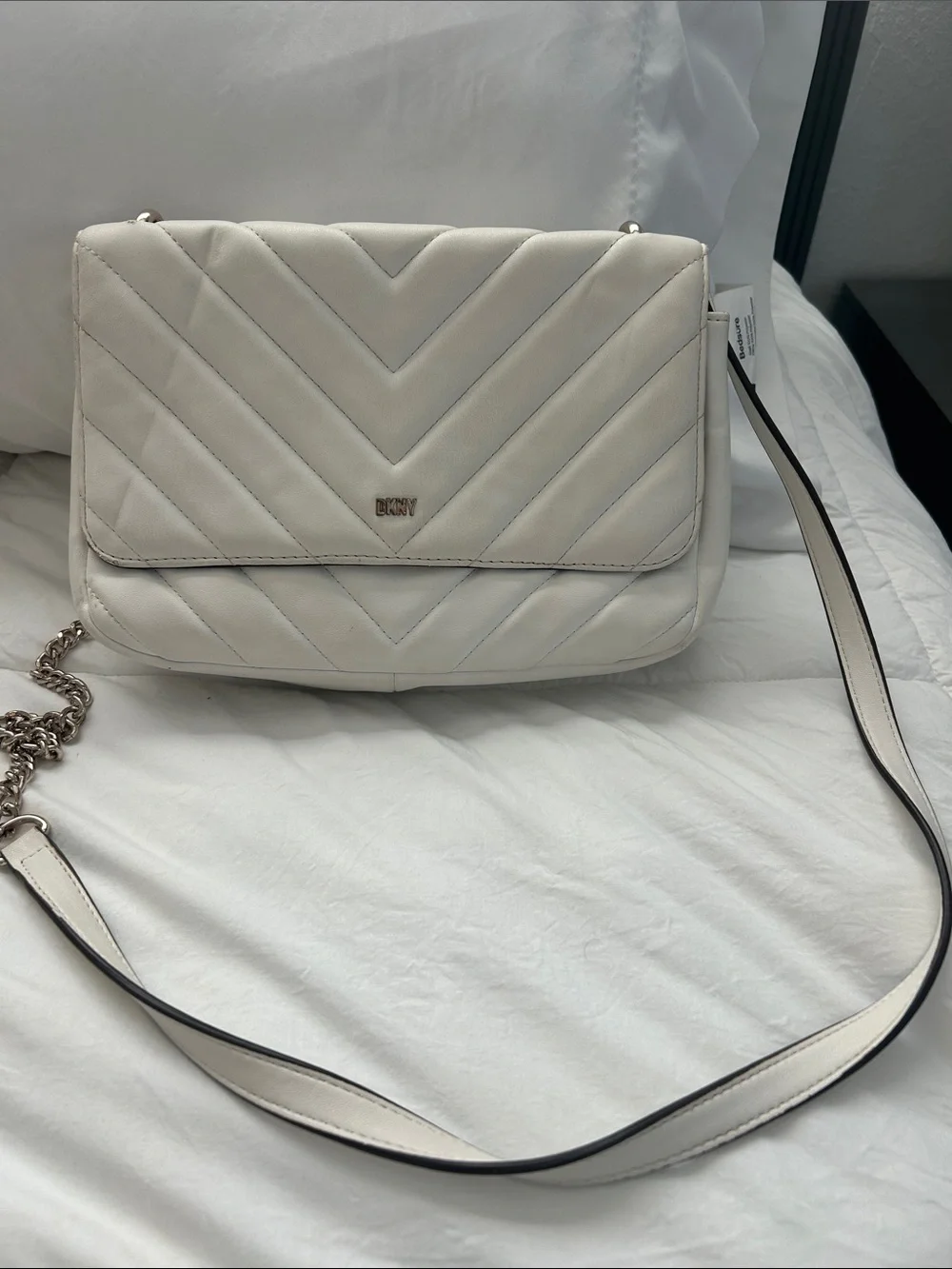 DKNY Cream Quilted Chevron Crossbody Bag with Chain Strap